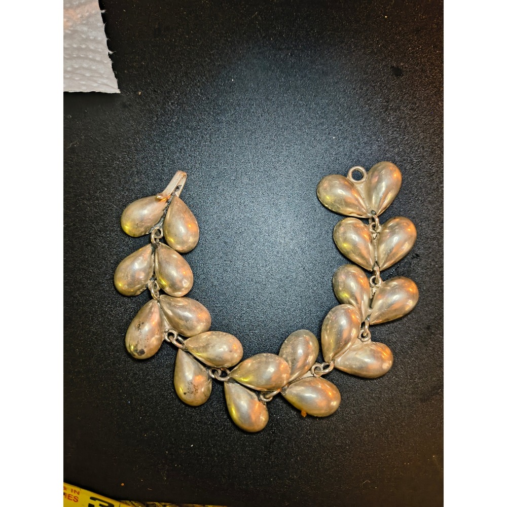 Vintage Mexico Sterling Silver Puffed Heart Teardrop Link Bracelet 7 Inch